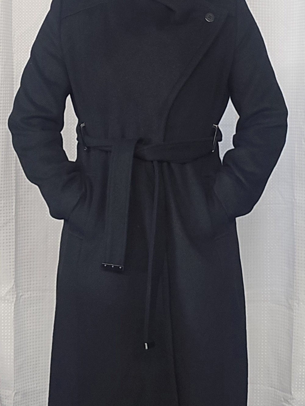 Jennifer Lopez Black Long Sleeve Wrap Belted Coat Dress - Picture 12 of 15